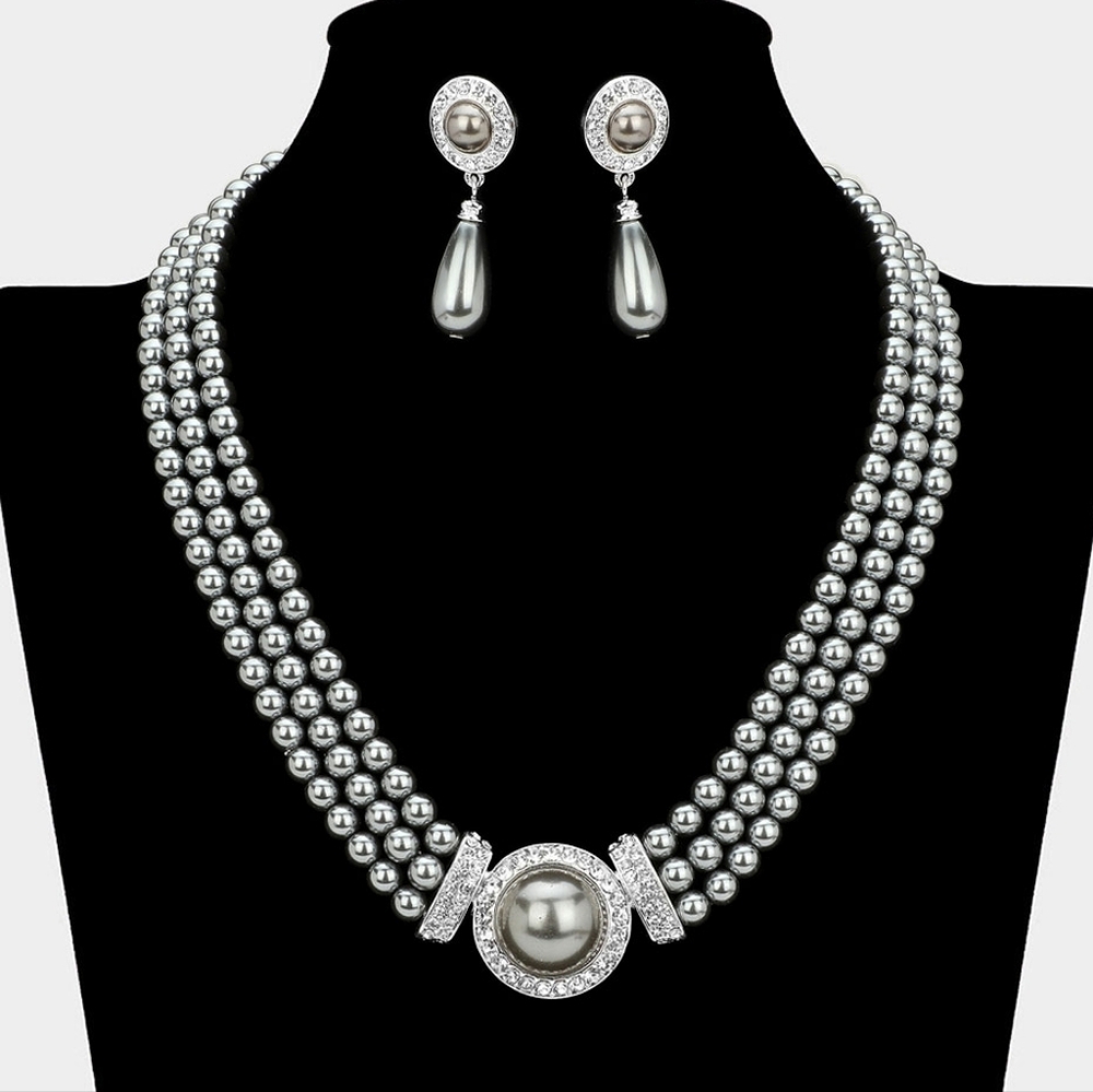 Silver Gray Pearl Formal Rhinestone Crystal Set Trimmed Jewelry Style